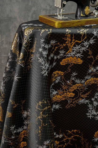 Japanese Kirin Nishijin Brocade Fabric: Black Upholstery, Costume, Decor (65" Wide)