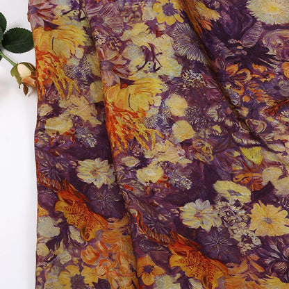 Oil Painting Style Floral Print Shiny Rayon Jacquard Fabric by the Yard, 59" Wide