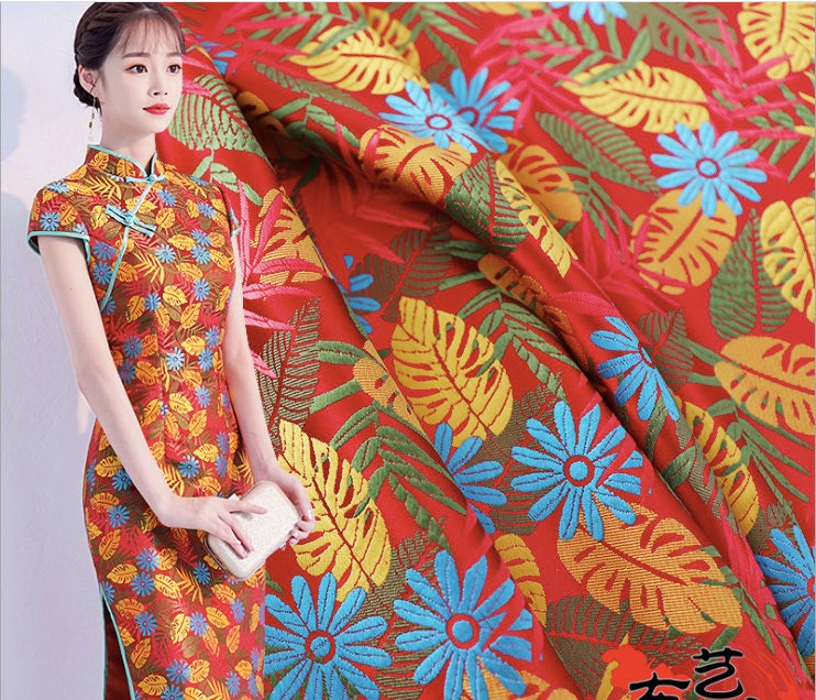 Tissu brocart jacquard à motif floral : motif de feuilles chinoises, largeur 75 cm