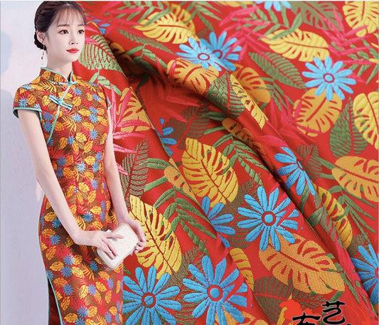 Tissu brocart jacquard à motif floral : motif de feuilles chinoises, largeur 75 cm