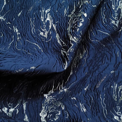 Gold & Blue Jacquard Fabric: 3D Texture Mercerized Designer Fabric