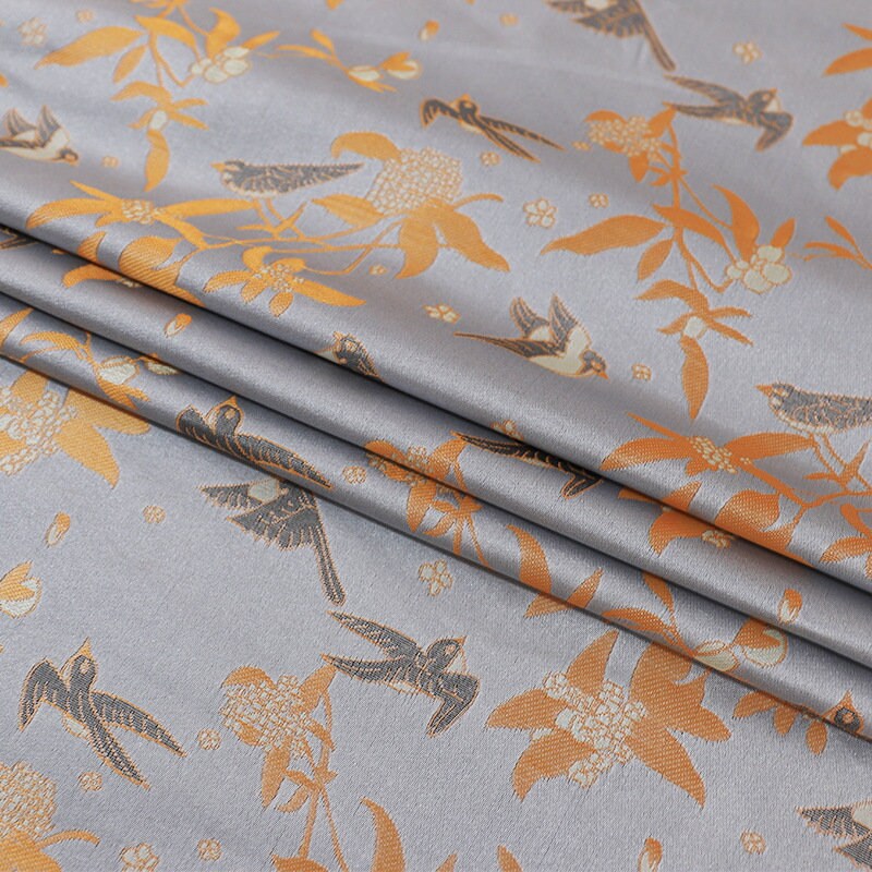 Song Brocade Fabric: 59"W Silk Rayon Damask with Bird Design