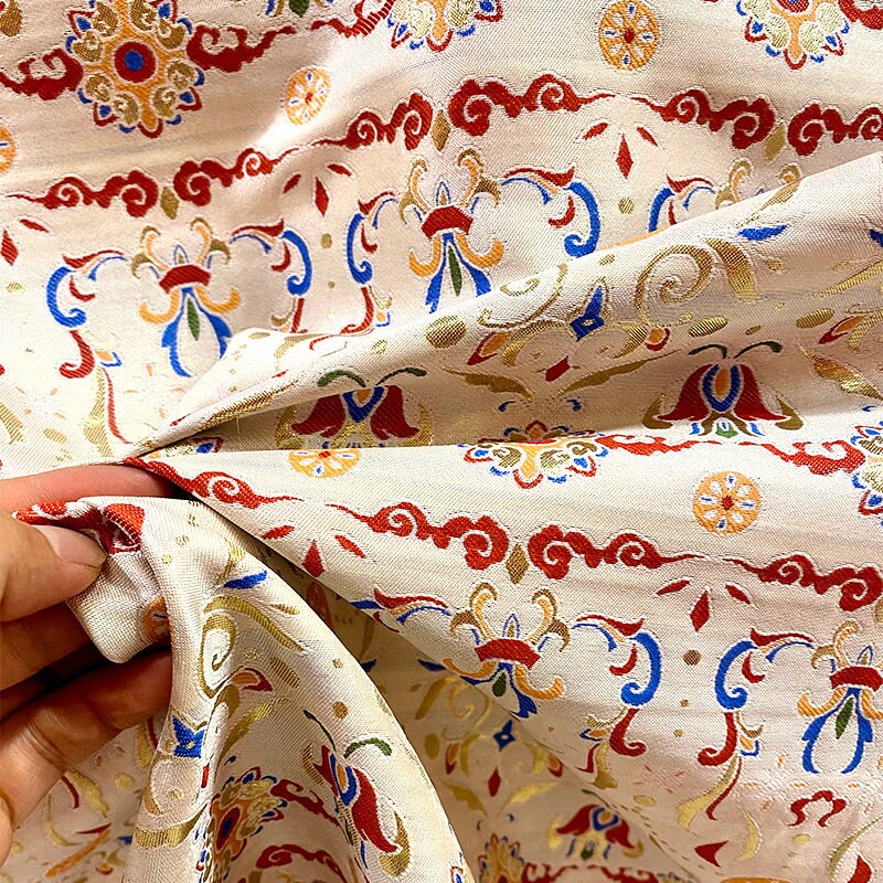 Tibetan Brocade Fabric: Buddhist Lotus Embroidery, 59"W Rayon Blend