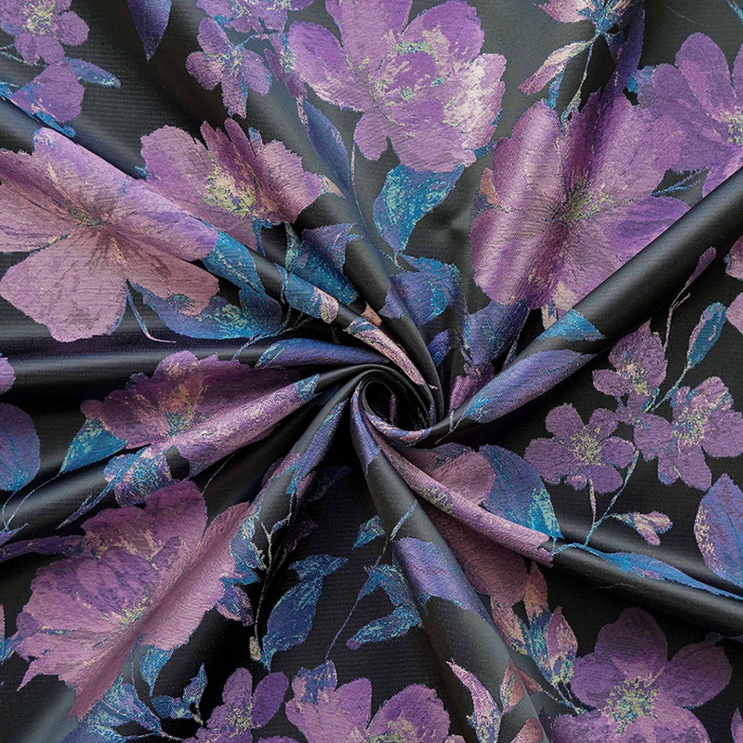 Tissu noir style vintage à motif floral violet tissé, largeur 57 pouces