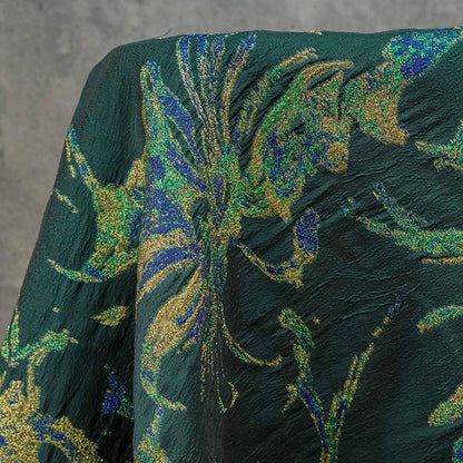 Dark Green Floral Jacquard Fabric with Gold Thread - 55" Wide - By The Yard