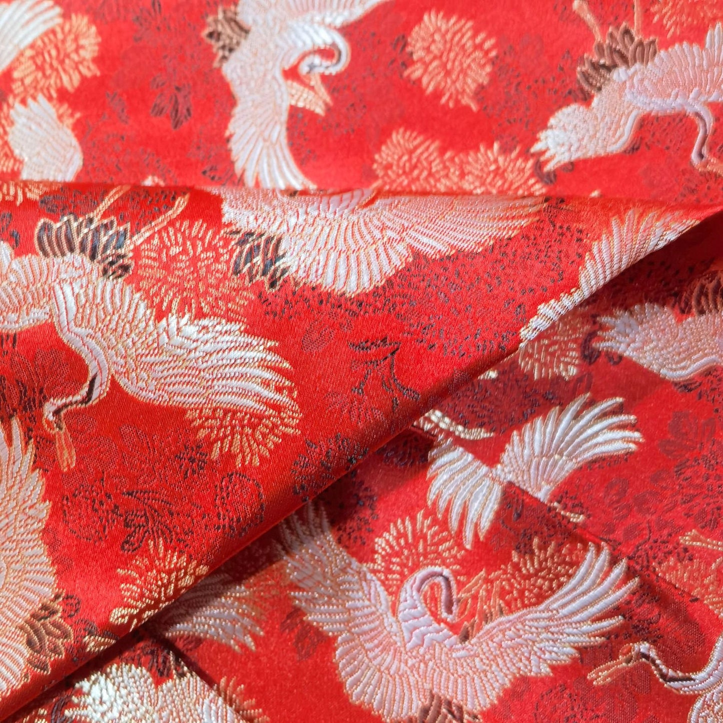 Red Crane Jacquard Satin Fabric: Antique Cheongsam Sewing Fabric