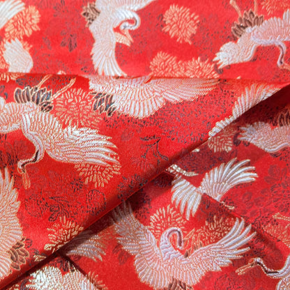 Red Crane Jacquard Satin Fabric: Antique Cheongsam Sewing Fabric