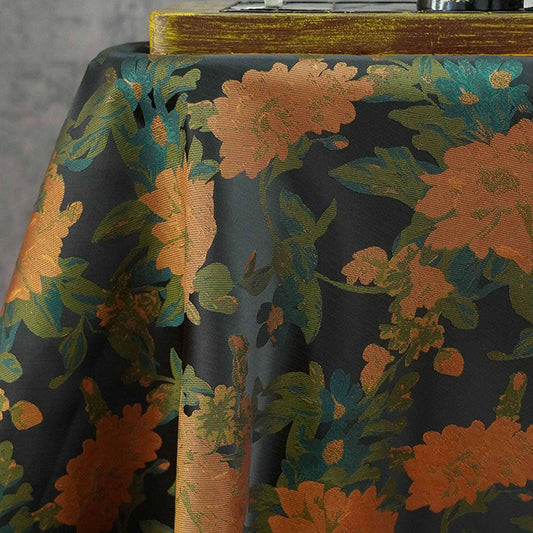 Orange Floral Woven Fabric, Black Polyester Blend, 62" Wide