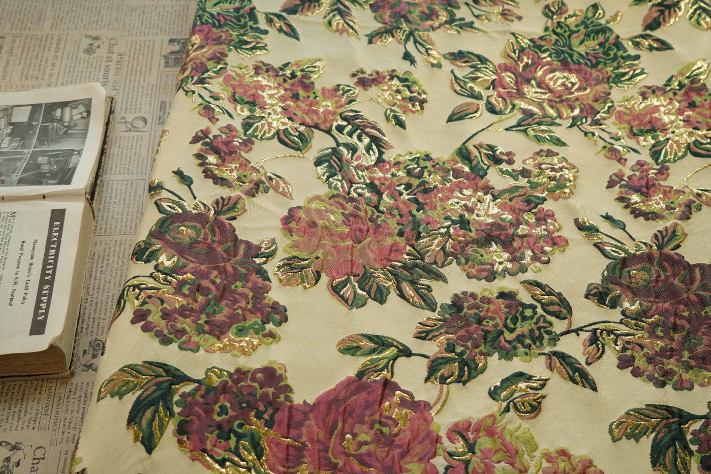Gold Peony Jacquard Fabric: Elegant Upholstery & Sewing (56"W by 1 Meter)