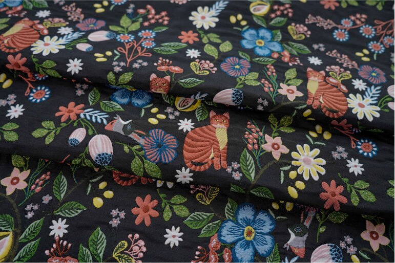 Black Cat Jacquard Fabric: Floral Upholstery, Costume, Decor (58"W)