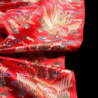 Tissu damassé jacquard Phoenix : mélange de soie et de rayonne rouge et noir