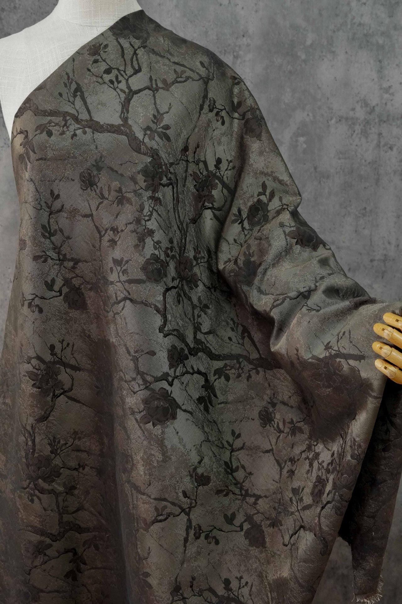 Ink Wash Floral Yarn-Dyed Fabric ��� Black Asian Botanical Quilting Fabric, Upholstery & Home Decor Textile,  62''W Designer