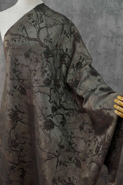 Ink Wash Floral Yarn-Dyed Fabric ��� Black Asian Botanical Quilting Fabric, Upholstery & Home Decor Textile,  62''W Designer