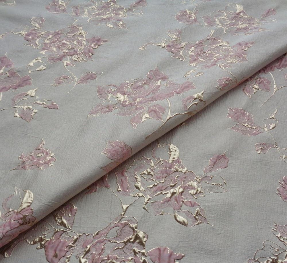 Pink Peony Gold Foil Jacquard Fabric: Chenille Upholstery, Quilting - 56"W
