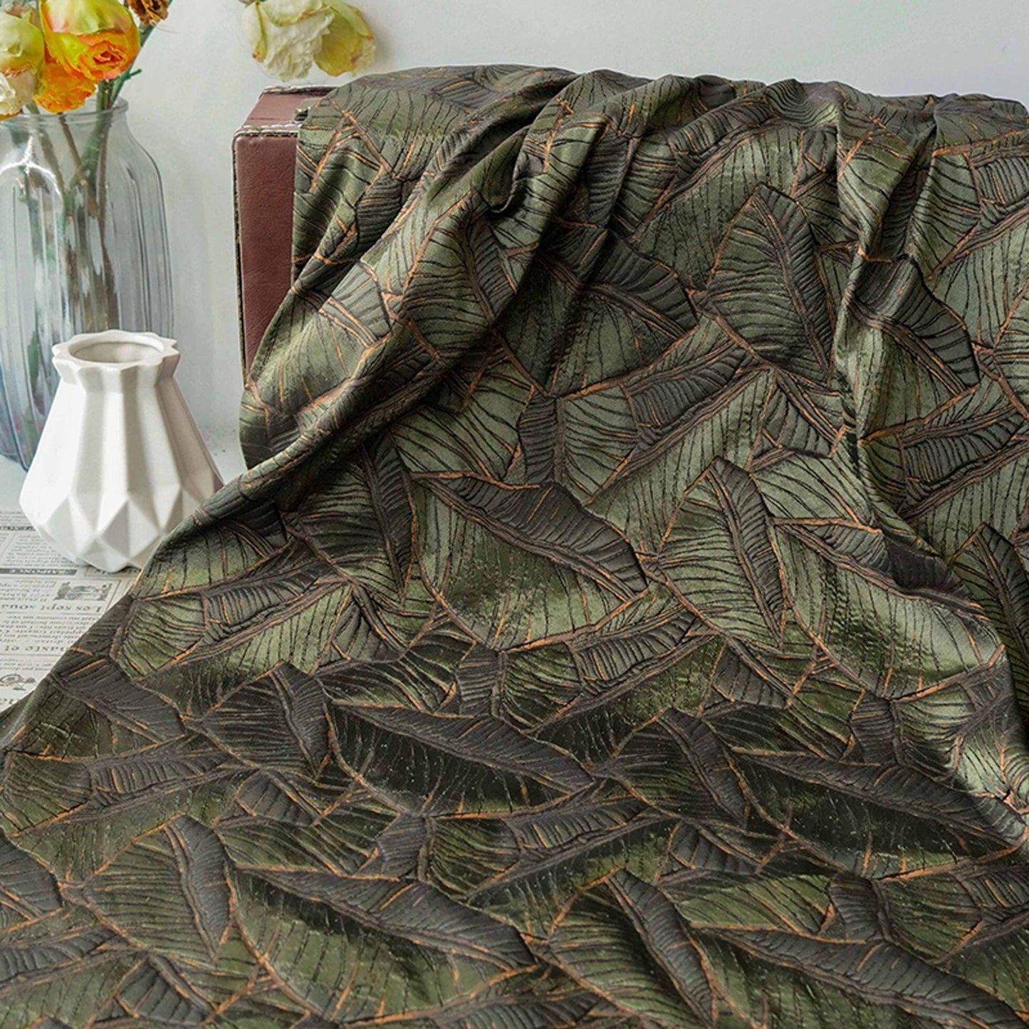 Retro Leaf Embossed Jacquard Upholstery Fabric ��� 3D Textured Material by the Ya"Wide