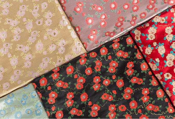 Nishijin Ori Brocade Fabric: Japanese Floral Satin, 59/29.5" Wide