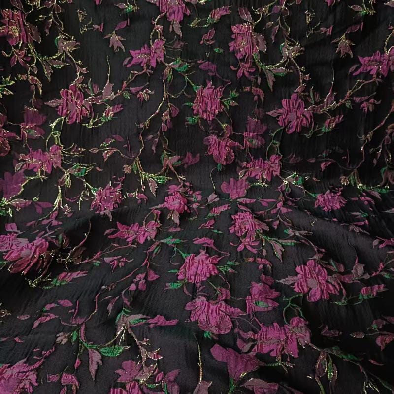Black Jacquard Fabric: 3D Purple Rose & Gold Foil - 55"W Upholstery