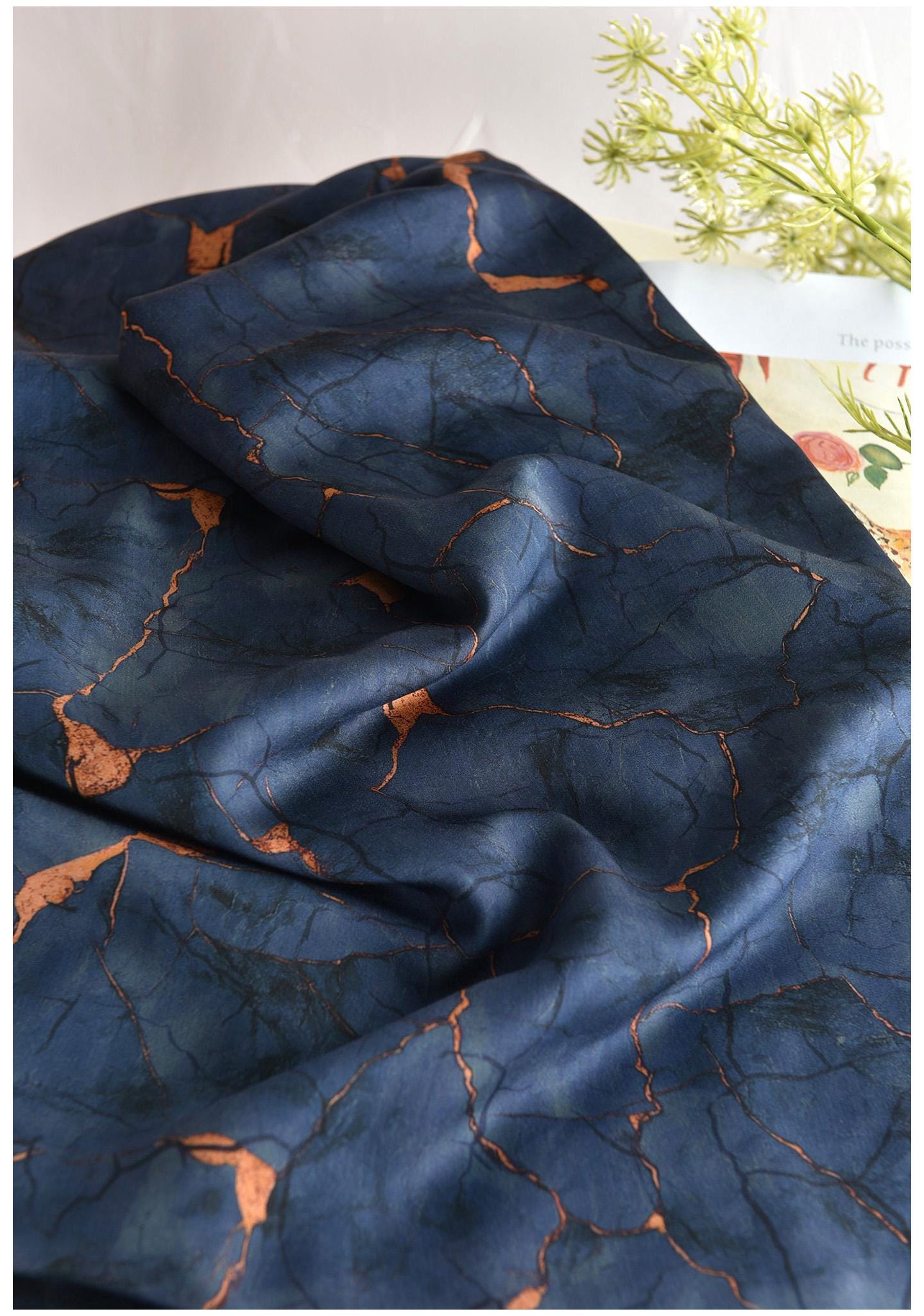 Deep Blue Shattered Clouds Cotton Sateen Fabric: 55" Wide, Drapery, Upholstery