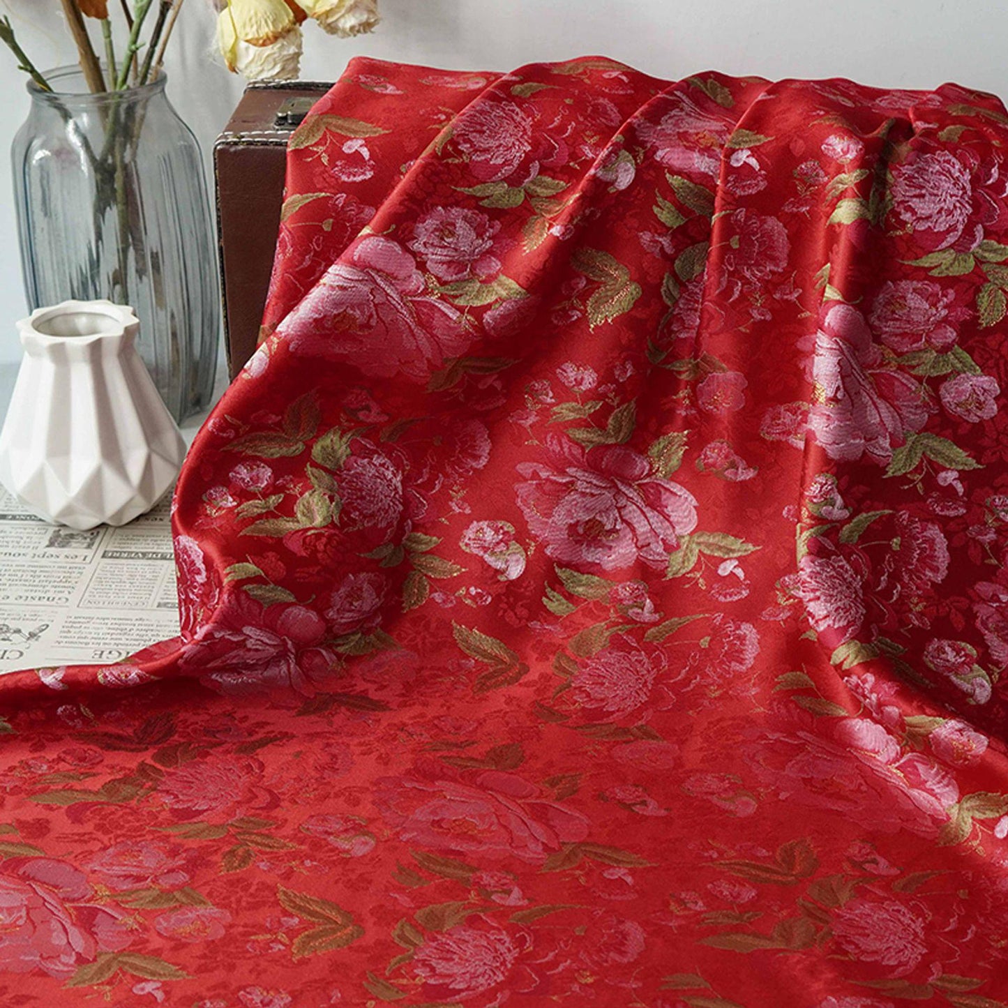 Red Peony Brocade Fabric: Gold Thread Jacquard, 64" Wide