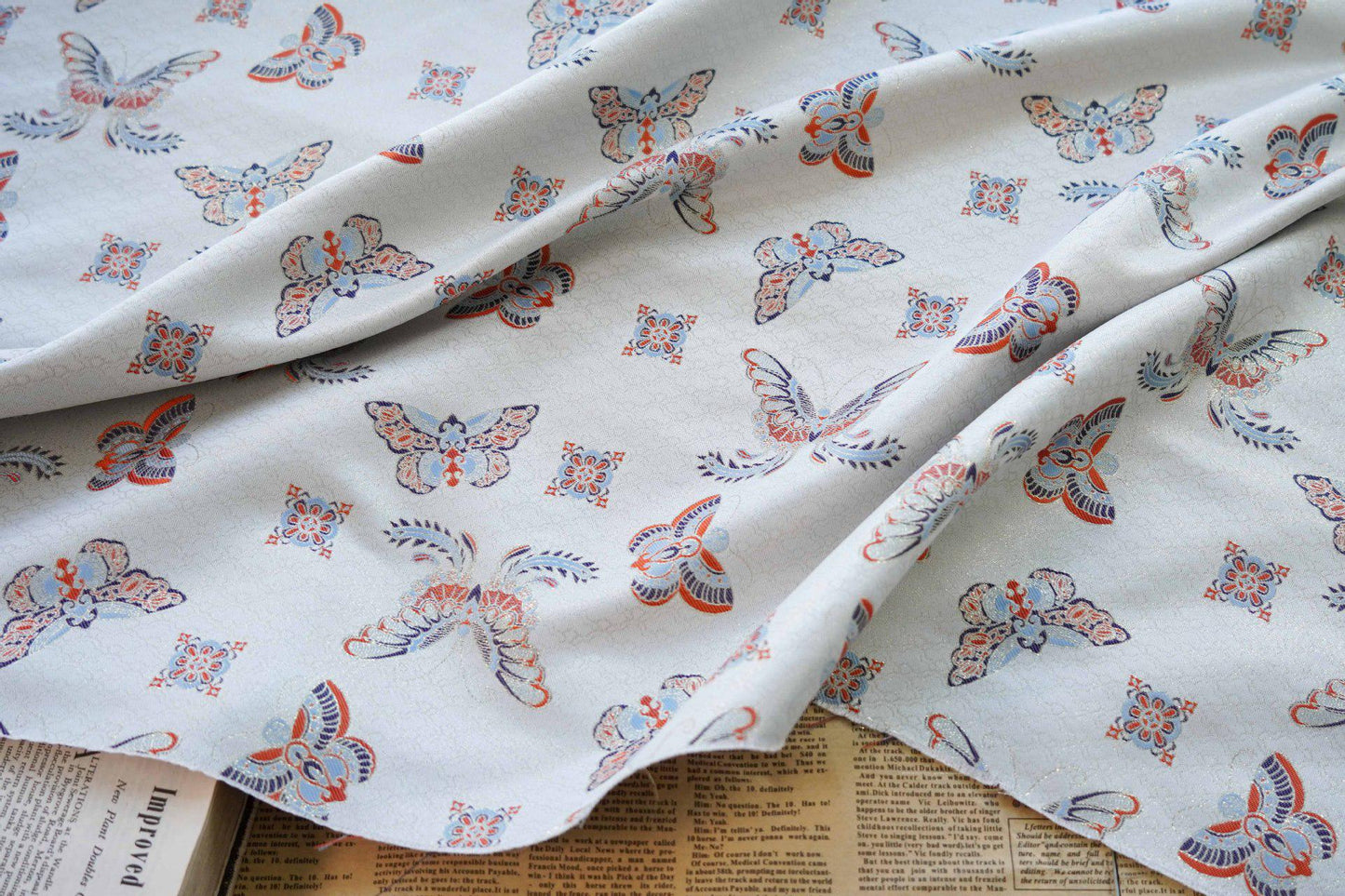 Butterfly Jacquard Fabric: Embossed Foil Rayon Blend, 62"W