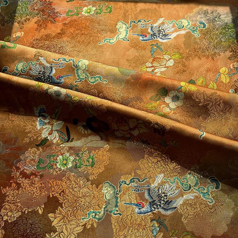 Gold Brown Crane Pattern Xiangyunsha Fabric, Luxury Rayon Silk Damask, Traditional Jacquard Fabric for Sewing, Cheongsam, DIY Fashion, 59"W