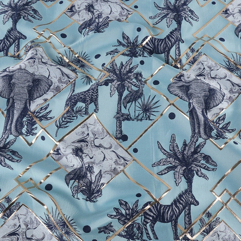 Sky Blue Jacquard Fabric with Gold Thread: Animal Print, 57" Wide