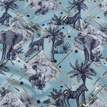 Sky Blue Jacquard Fabric with Gold Thread: Animal Print, 57" Wide