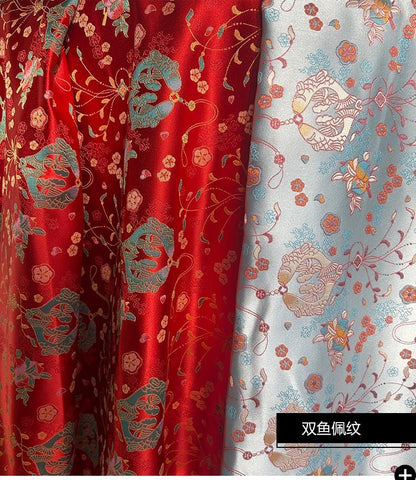 Pisces Fish Silk Brocade Fabric: 58"W Cheongsam Quilting Material