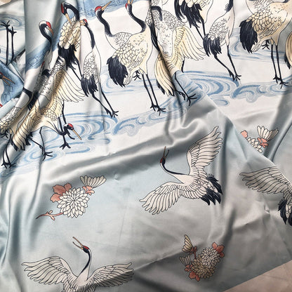 Blue Crane Print Satin Fabric: Soft Polyester Rayon Blend, 59" Wide
