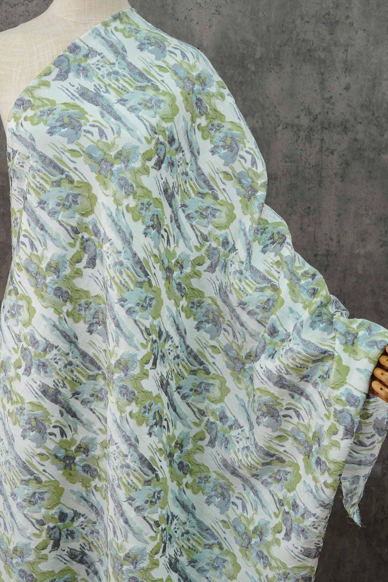 French Abstract Floral Jacquard Fabric: Gold Thread Embossed Woven - 55"W