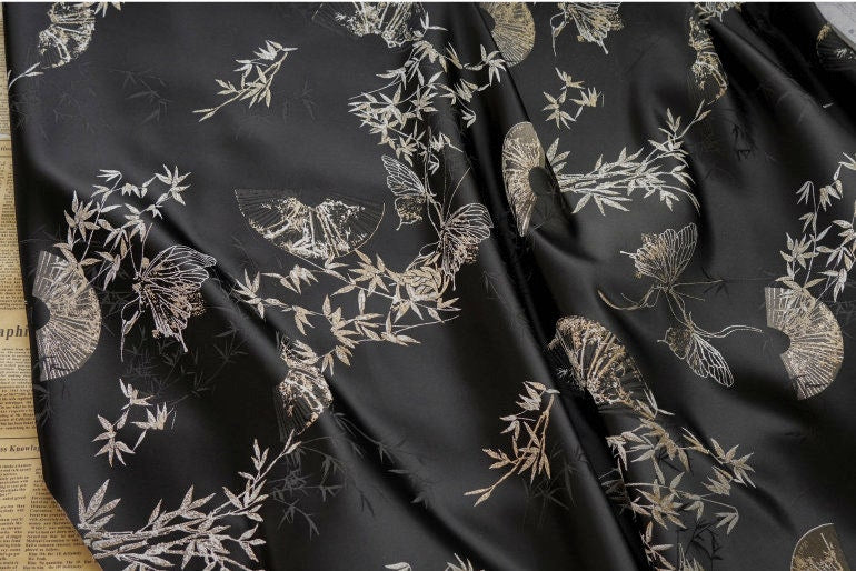 Gold Thread Jacquard Fabric: Butterfly & Fan Design, 58" Wide