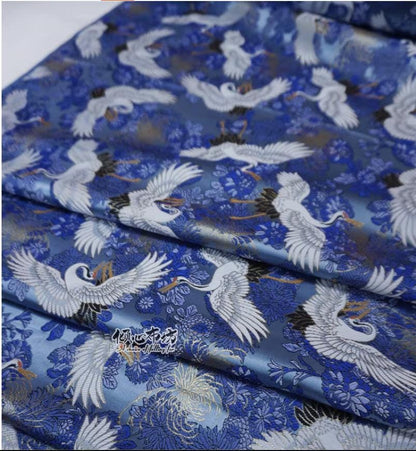 Crane Jacquard Satin Fabric: Japanese Brocade, Silver Grey, 29.5"W
