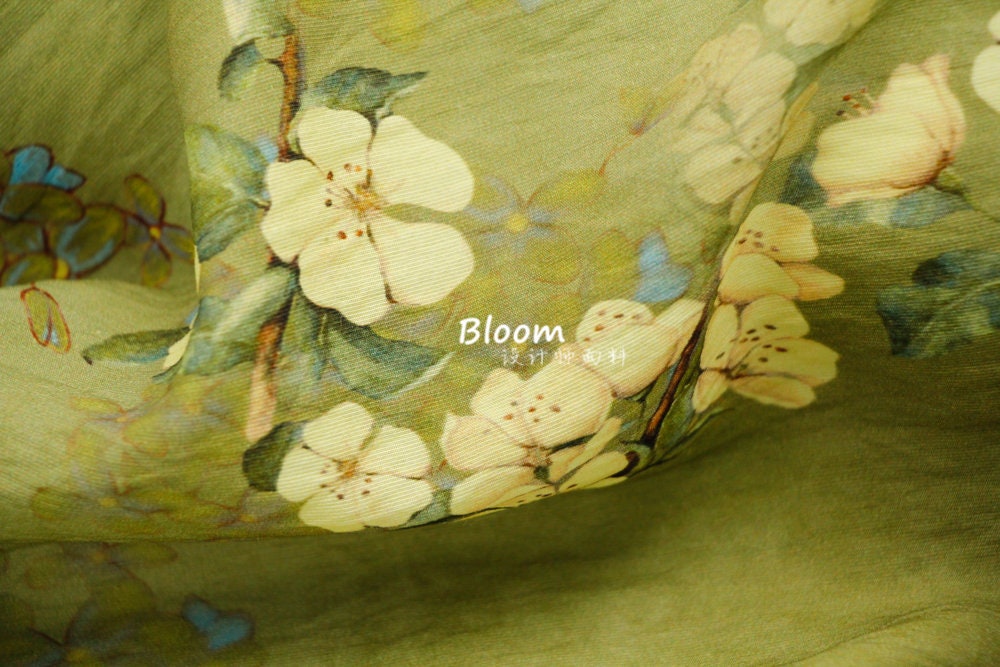Floral Autumn Green Hemp Tencel Linen Fabric: Sewing & Crafts