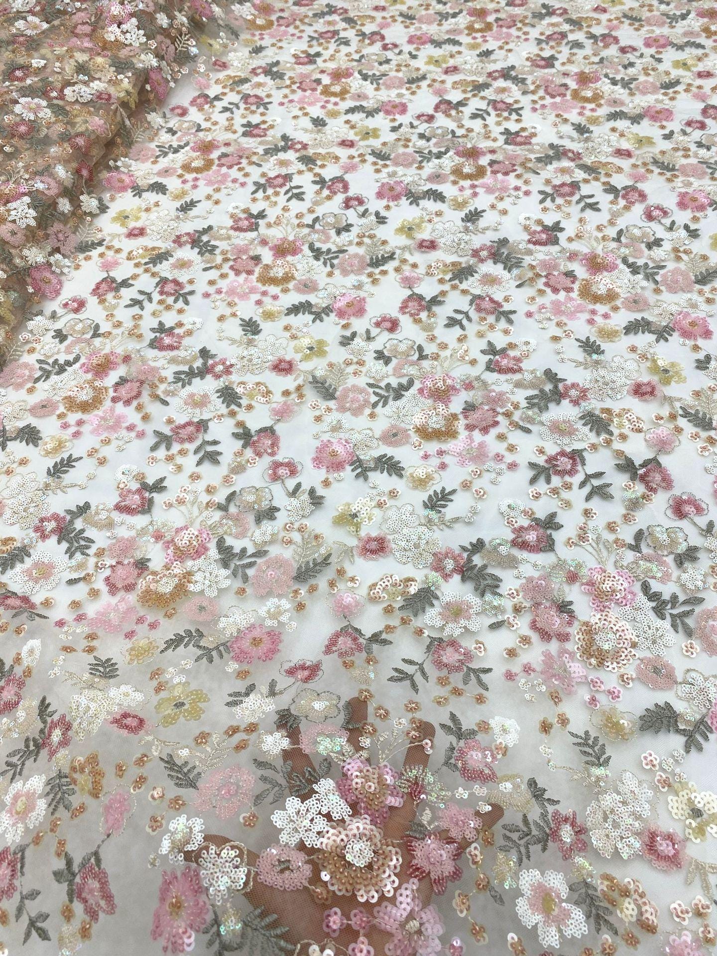 Floral Sequin Embroidered Mesh Lace Fabric, Pink Girly Dress, 49"W