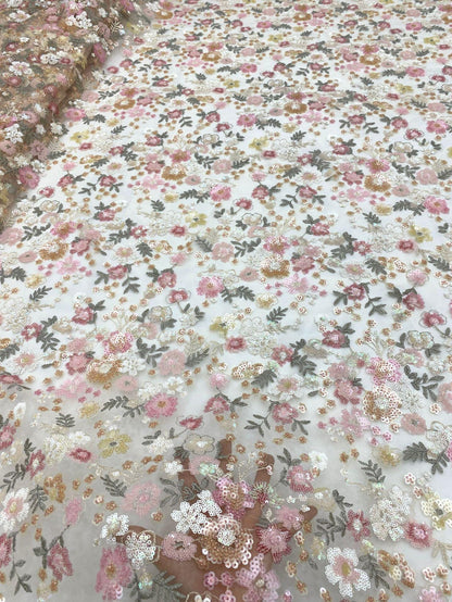 Floral Sequin Embroidered Mesh Lace Fabric, Pink Girly Dress, 49"W
