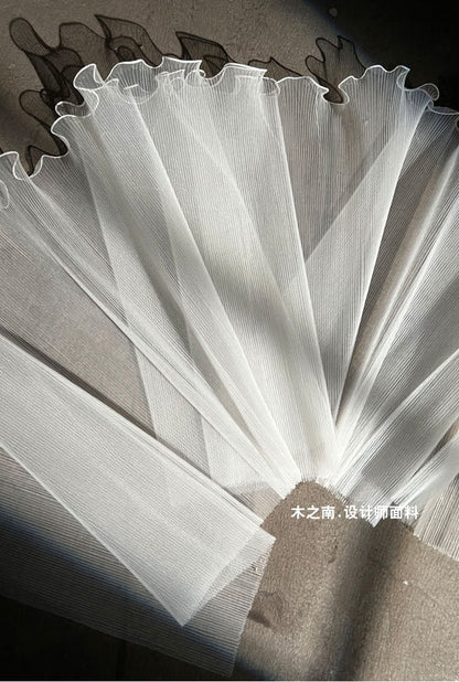 White Pleated Ruffle Organza Fabric: 3D Folds, Stiff Texture, 20"W