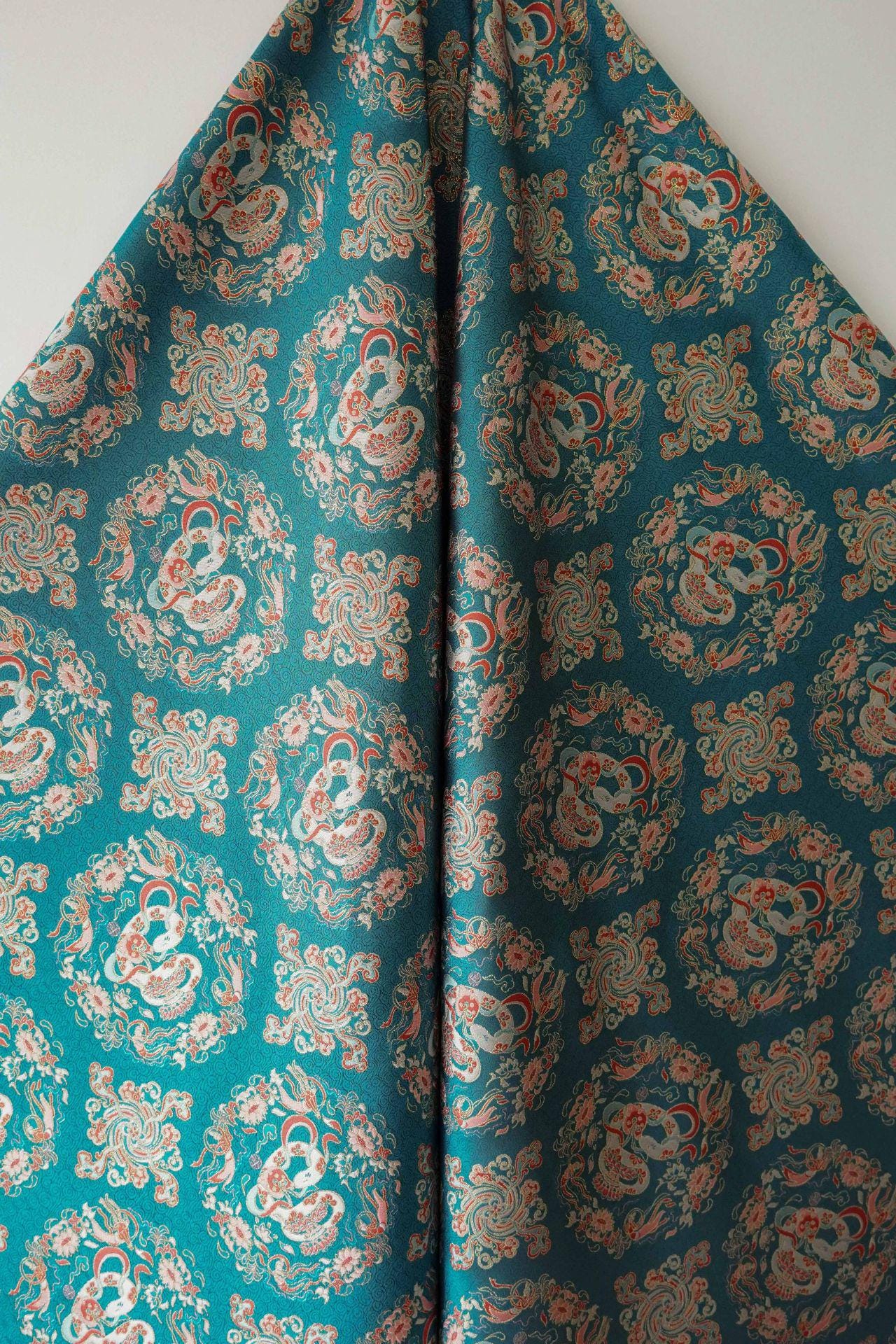 Cyan Brocade Fabric: Chinese Dynasty Jacquard Polyester, 66" Wide