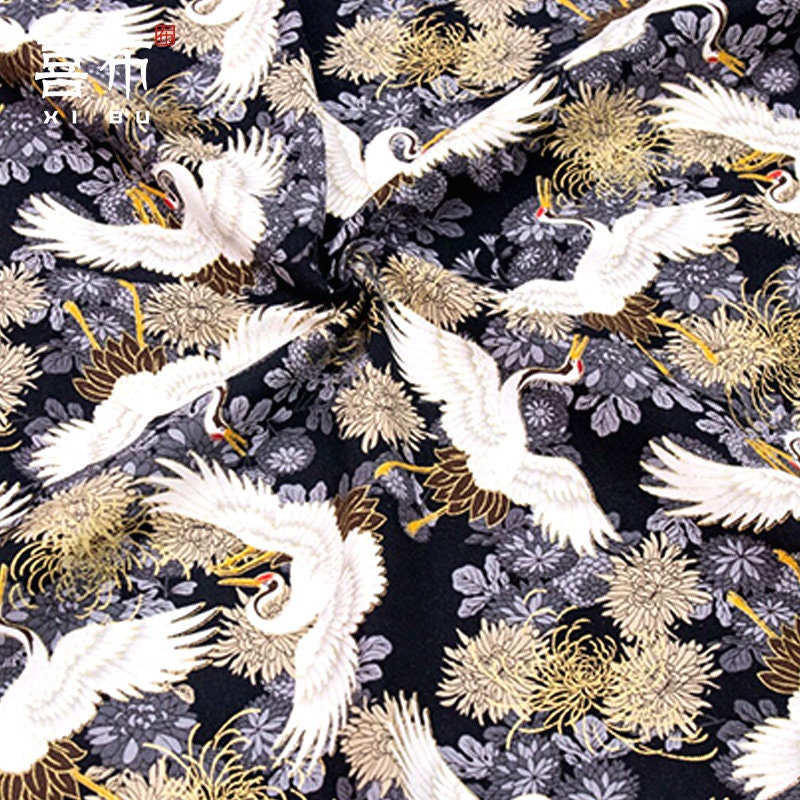 Japanese Crane Fabric: Bronzing Gold Pattern, 100% Cotton, 59"W