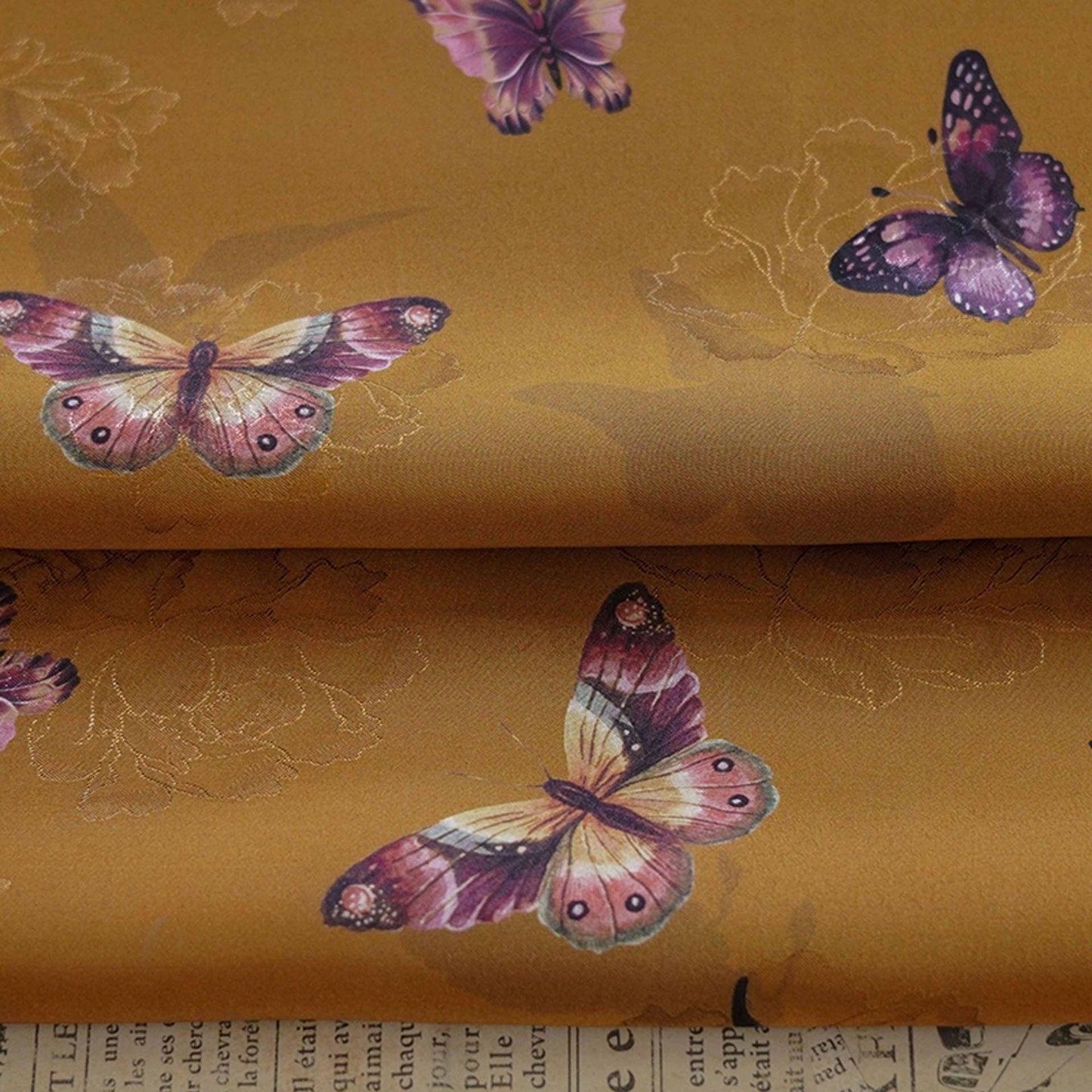 Butterfly Flower Tea Silk Satin Fabric: Digital Print (55"W)