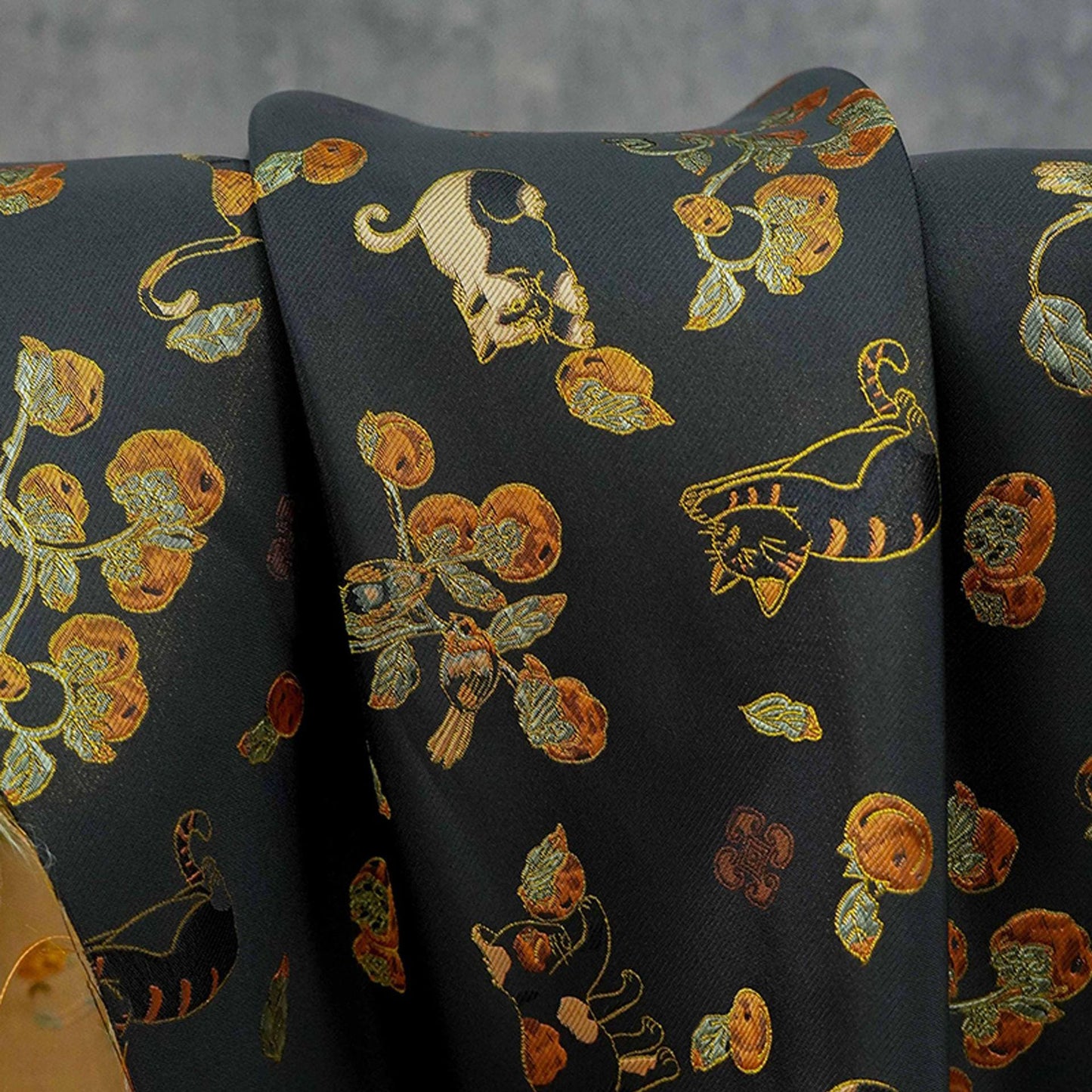 Luxury Cat & Persimmon Jacquard Fabric with Gold Accents for Handbags, 65"Wide