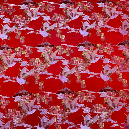 Tissu satin jacquard à motif de grues rouges : brocart antique pour cheongsam (au mètre)