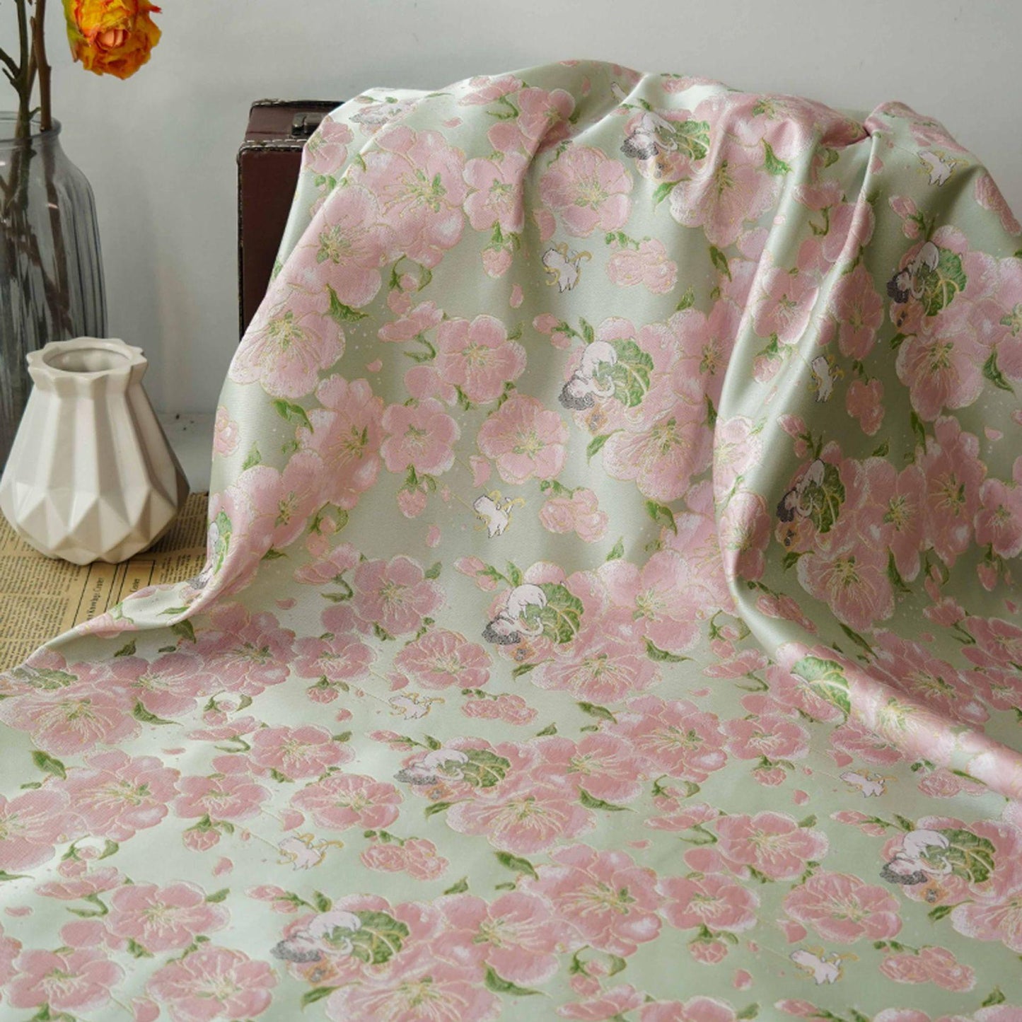 Peach Blossom Brocade Fabric: Floral Jacquard, 58"W Chinese Wedding Material