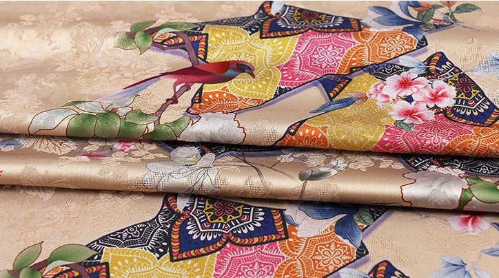 Damask Silk Fabric: Ancient Kite Pattern Print, 59" Wide