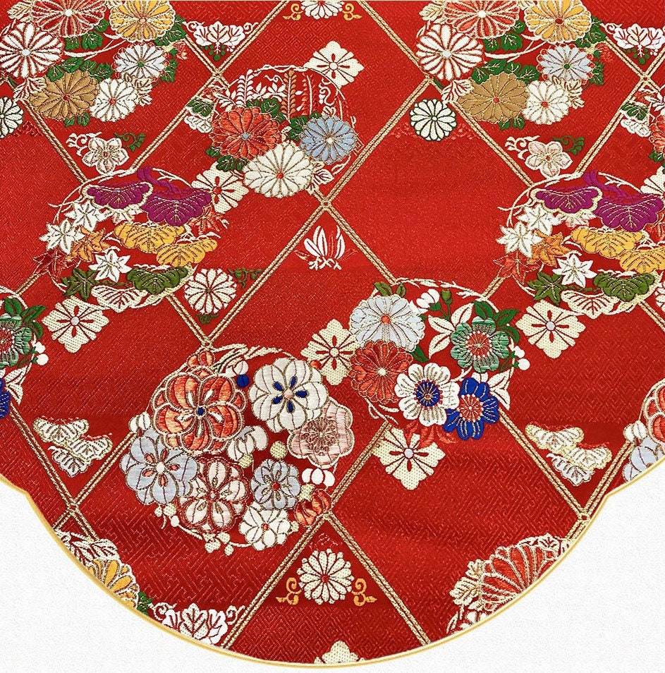 Nishijin Japanese Floral Brocade Fabric: Red Silk Rayon Jacquard