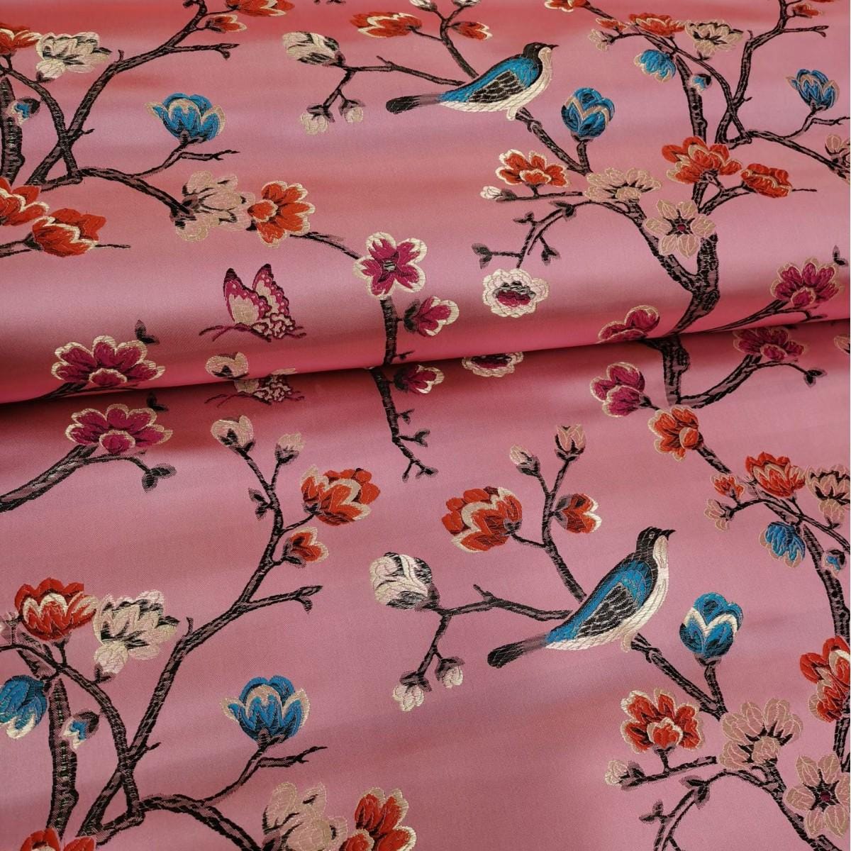 Red Silk Brocade Fabric: Bird & Branch Print, 59" Wide