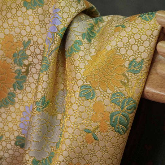 Japanese Kirin Nishijin Brocade Fabric: Yellow Floral Silk, 60" Wide