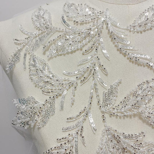 Embroidered Lace Trim: Light Ivory Bridal Veil Fabric with Sequins