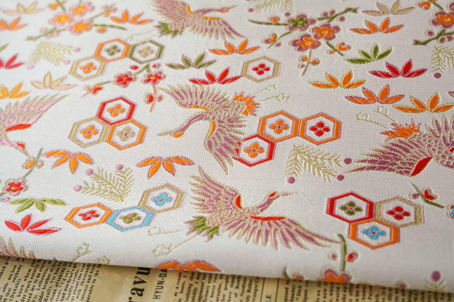 Golden Crane Jacquard Fabric: Embossed Upholstery, Costume, & Decor (59"W)