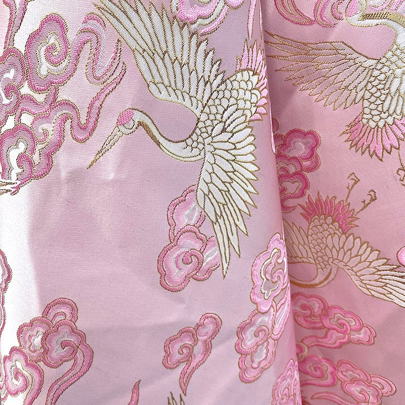 Pink Crane Brocade Fabric: 59"W Jacquard Satin Cheongsam Sewing Fabric