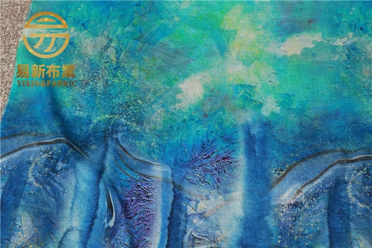 Blue Tears Oil Painting Print - Natural Ramie Fabric 57"W